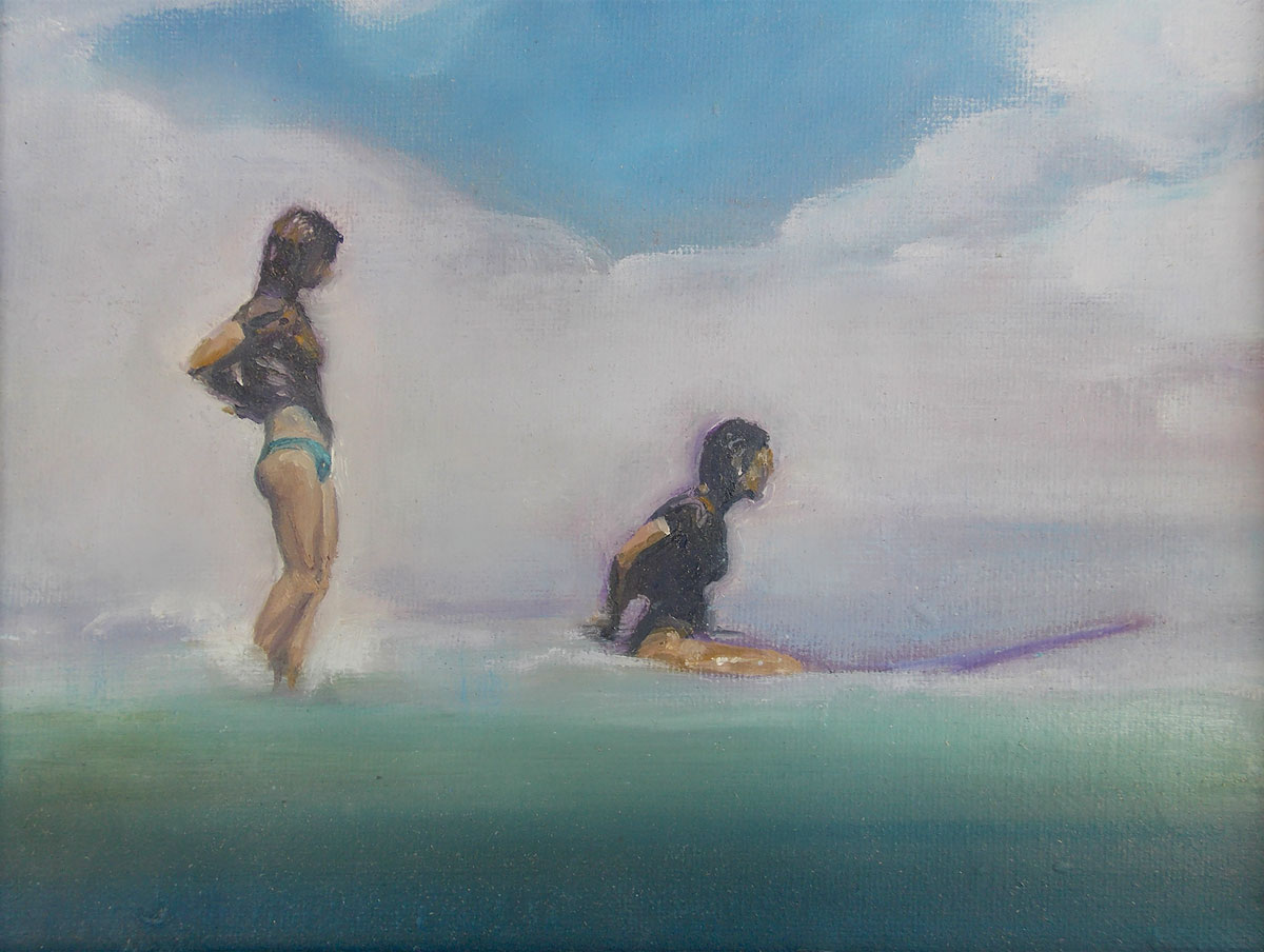 Painting by Erika Bradberry of two friends sitting on their boards waiting for a wave, the water painted in loose abstract strokes.