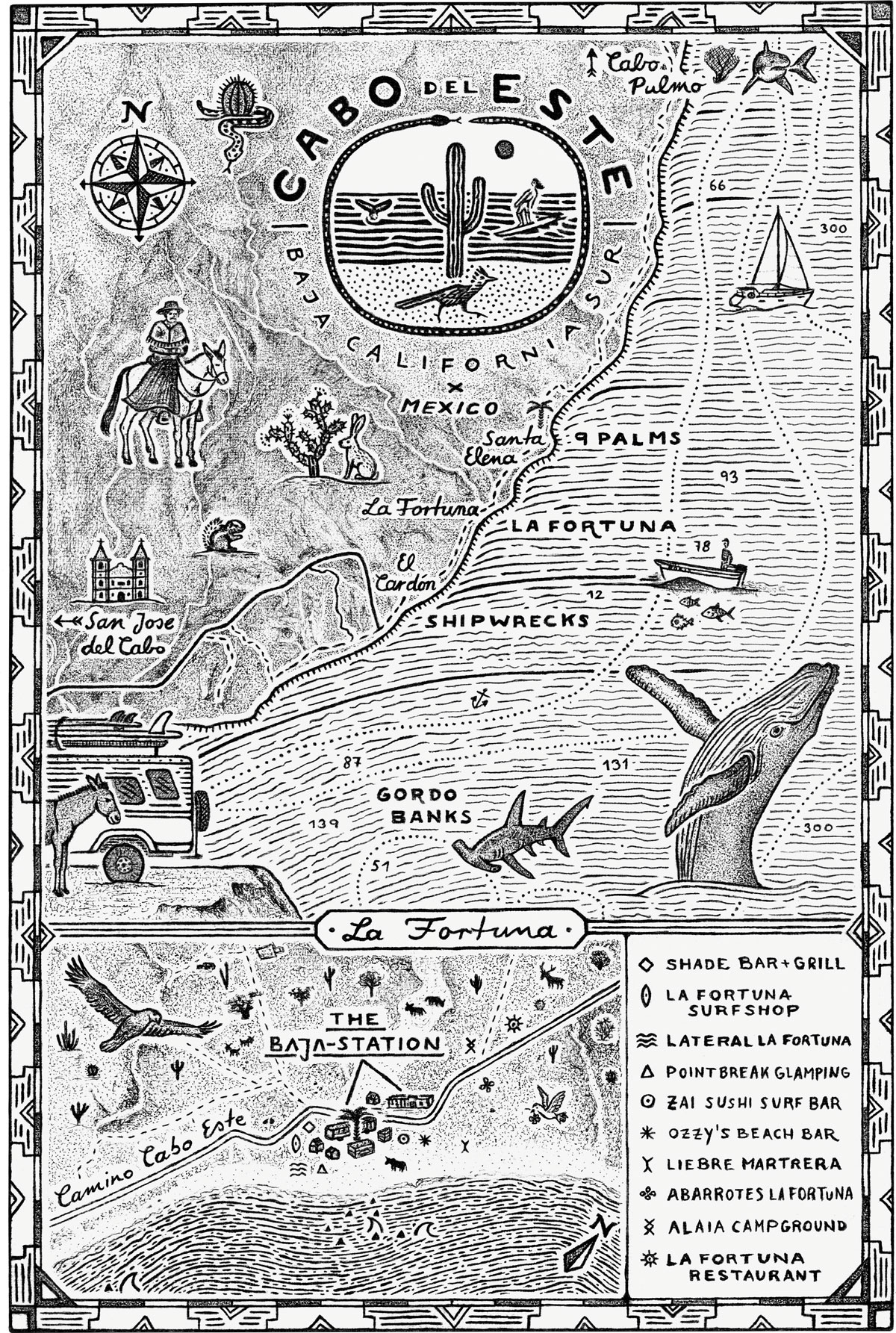 Hand-drawn ink map of Cabo del Este in Baja California, Mexico, by Jula Osten.