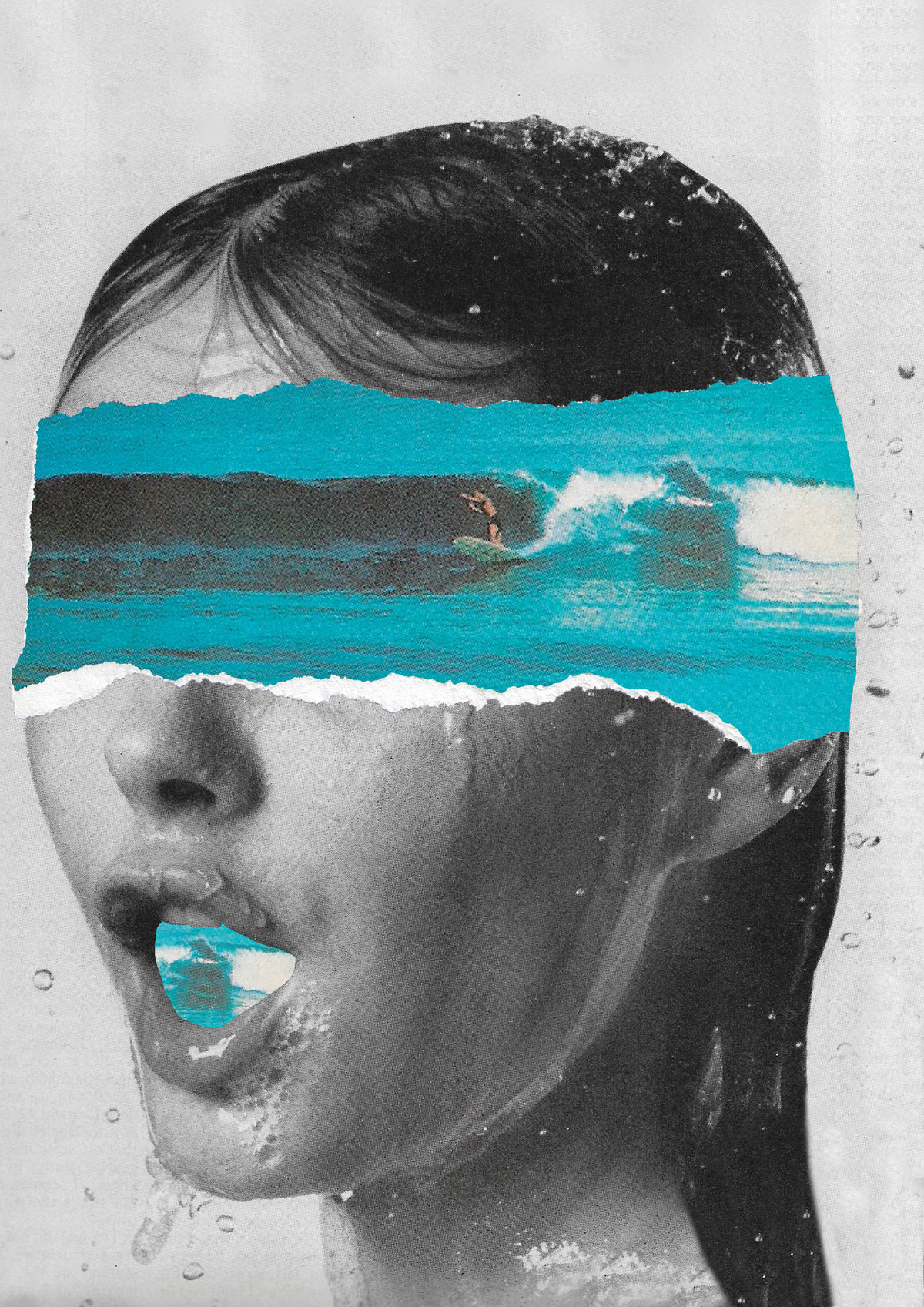 Mixed analogue and digital collage by Maria Delgado of a woman frothing at the sight of good waves.